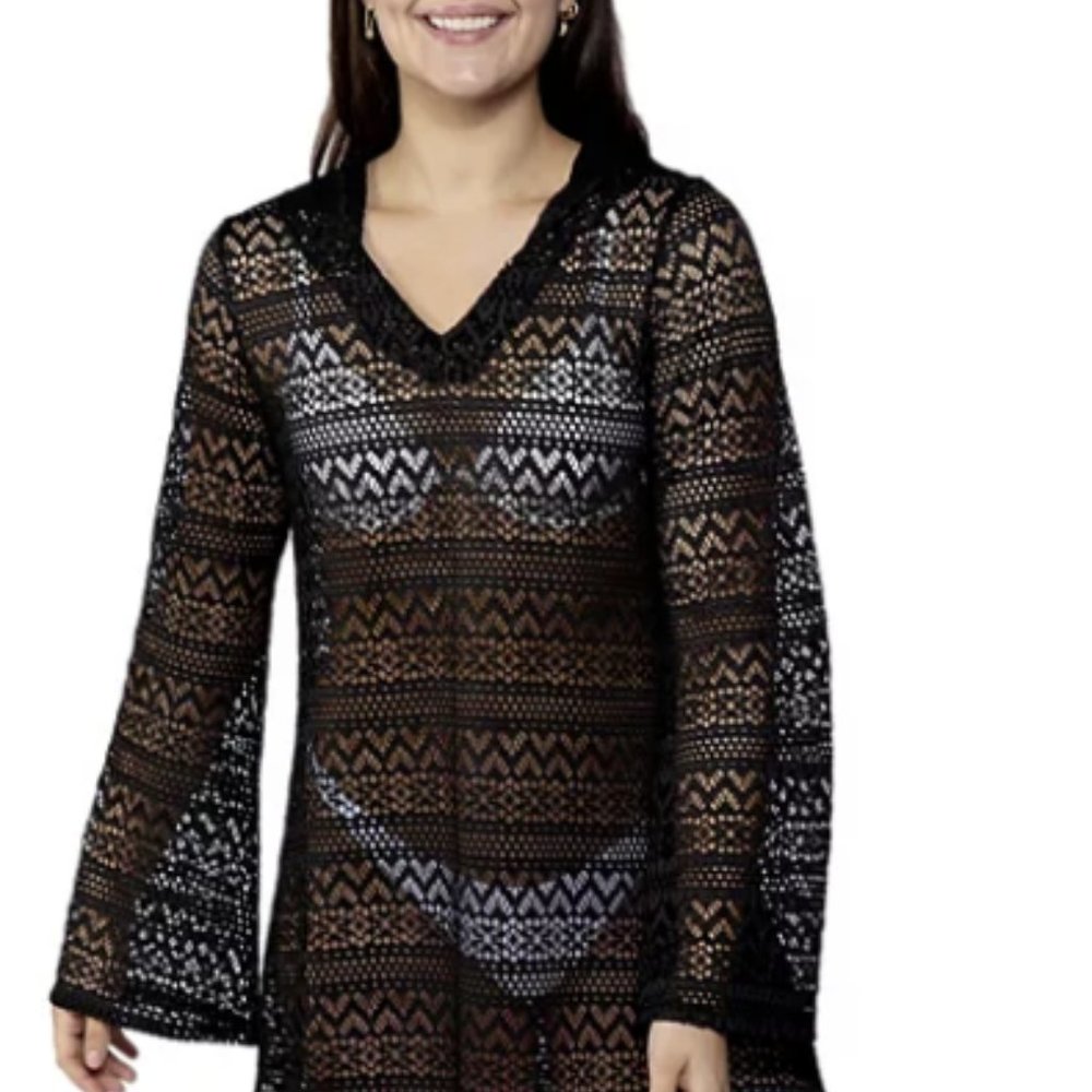 MIKEN SHEER CROCHET HOODED SWIM COVER UP SIZE L  #575